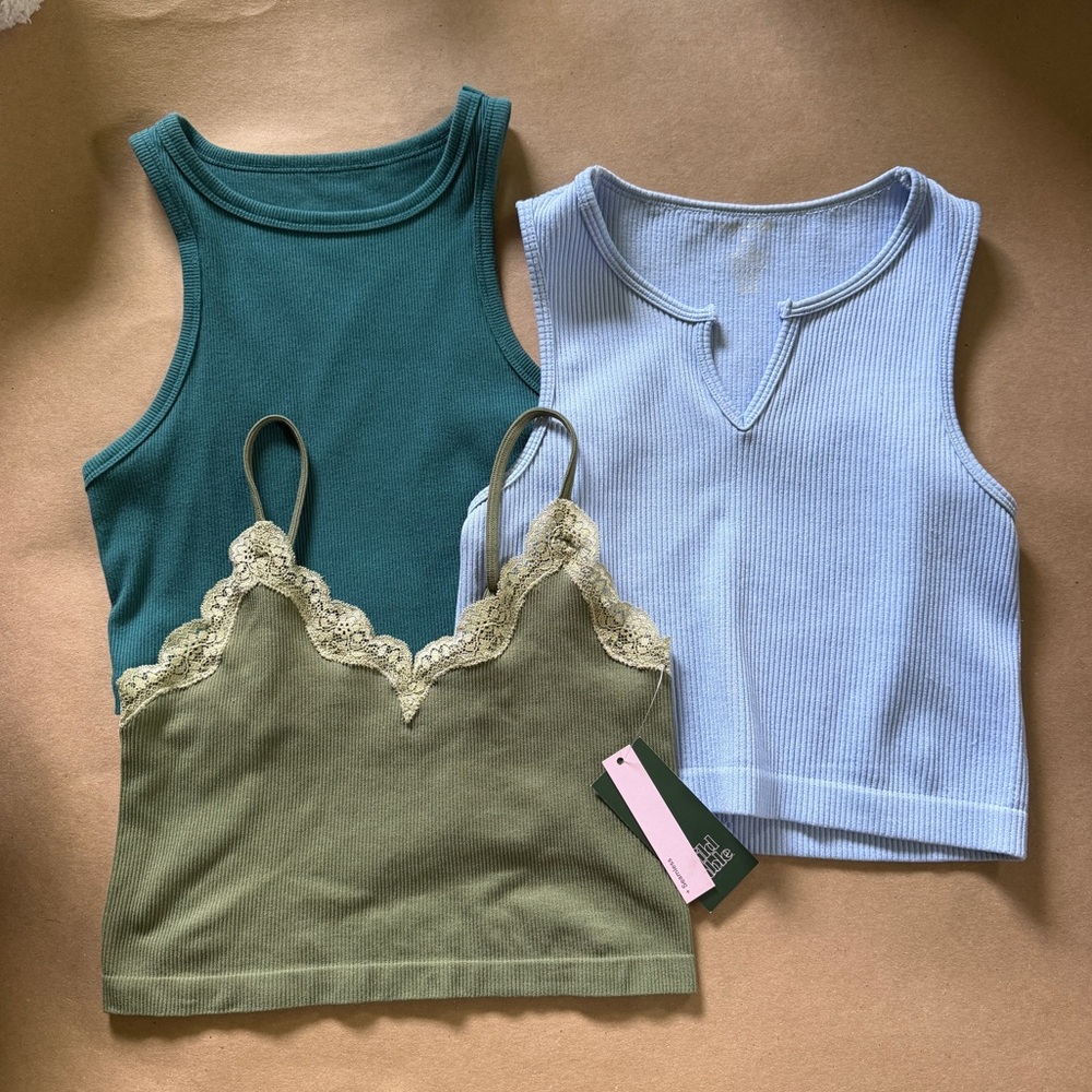 wild fable tank tops in teal, light blue, and olive